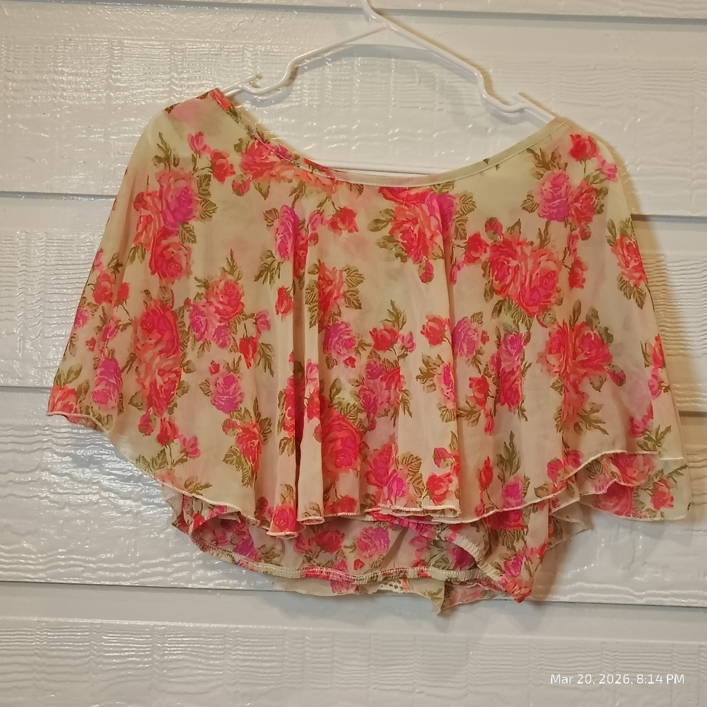FLORAL ROSE CROPPED OFF SHOULDER BLOUSE WOMENS M CROCHET COQUETTE BOHO FAIRY - Picture 6 of 6
